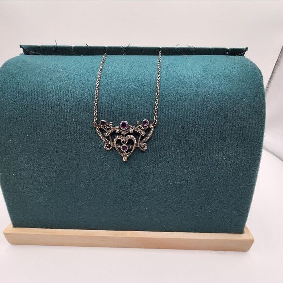 VINTAGE ART NOUVEAU REVIVAL STERLING SILVER MARCASITE AMETHYST PENDANT NECKLACE - Picture 2 of 5